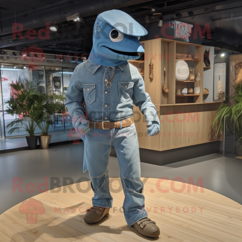 nan Swordfish mascot costume character dressed with a Boyfriend Jeans and Shoe laces