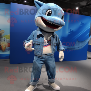 nan Swordfish mascot costume character dressed with a Boyfriend Jeans and Shoe laces
