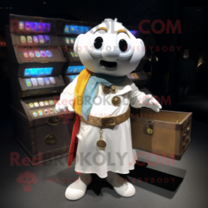 White Treasure Chest mascot costume character dressed with a Raincoat and Coin purses