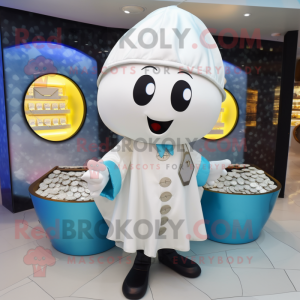 White Treasure Chest mascot costume character dressed with a Raincoat and Coin purses