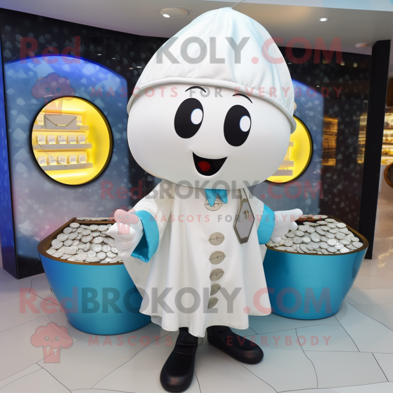 White Treasure Chest mascot costume character dressed with a Raincoat and Coin purses White Treasure Chest mascot costume character dressed with a Raincoat and Coin purses