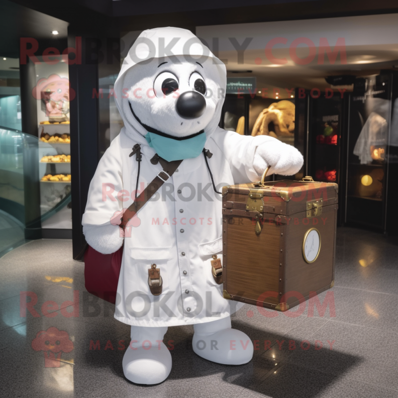 White Treasure Chest mascot costume character dressed with a Raincoat and Coin purses