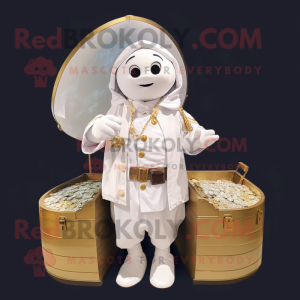 White Treasure Chest mascot costume character dressed with a Raincoat and Coin purses