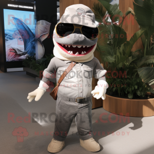 Silver Shark mascot costume character dressed with a Corduroy Pants and Sunglasses