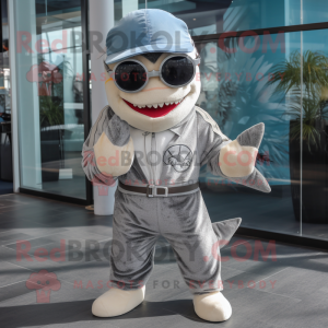 Silver Shark mascot costume character dressed with a Corduroy Pants and Sunglasses