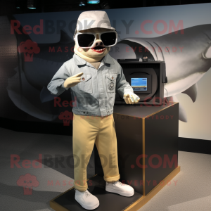 Silver Shark mascot costume character dressed with a Corduroy Pants and Sunglasses