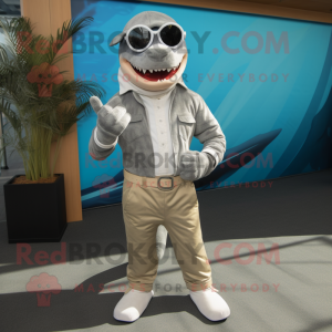 Silver Shark mascot costume character dressed with a Corduroy Pants and Sunglasses