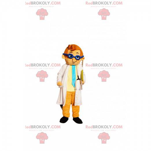 Mascotte del medico con uno stetoscopio e occhiali blu -
