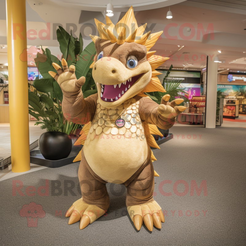 Tan Stegosaurus mascot costume character dressed with a Jeggings and Necklaces Tan Stegosaurus mascot costume character dressed with a Jeggings and Necklaces