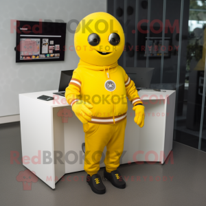 Yellow Computer mascot costume character dressed with a Sweater and Bracelet watches