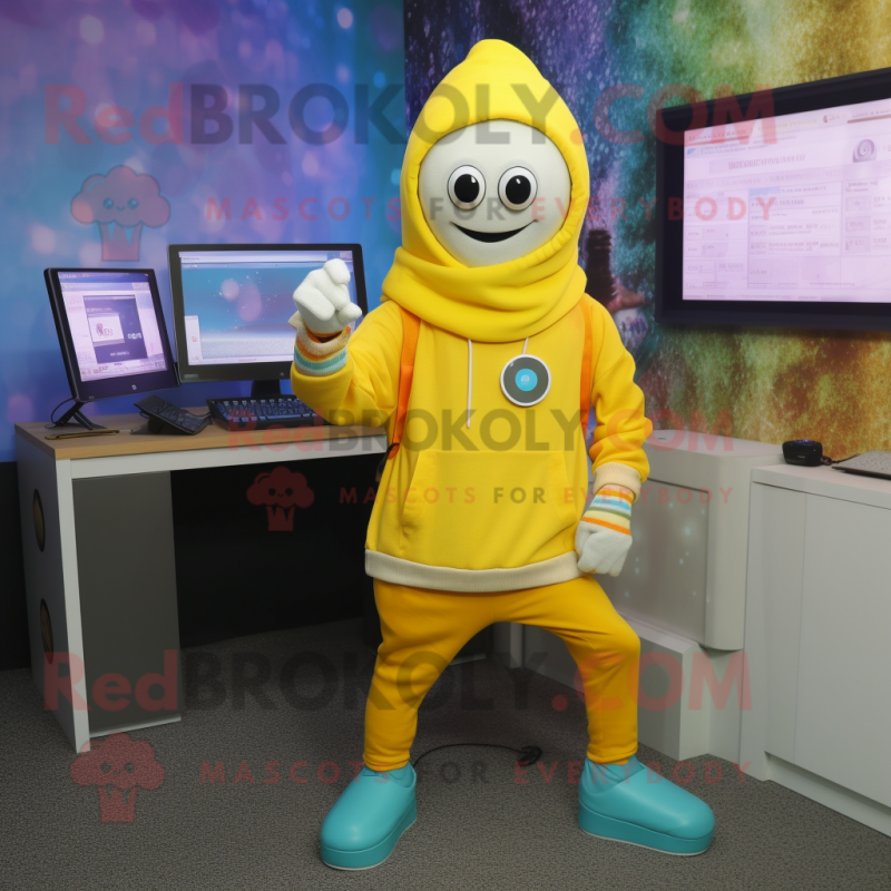 Yellow Computer mascot costume character dressed with a Sweater and Bracelet watches