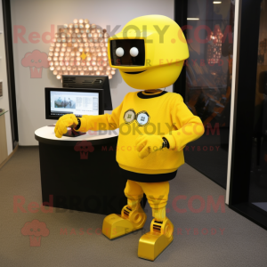 Yellow Computer mascot costume character dressed with a Sweater and Bracelet watches