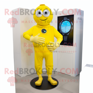 Yellow Computer mascot costume character dressed with a Sweater and Bracelet watches