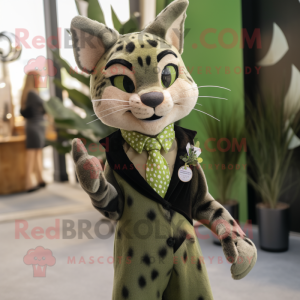 Olive Bobcat mascot costume character dressed with a Midi Dress and Lapel pins