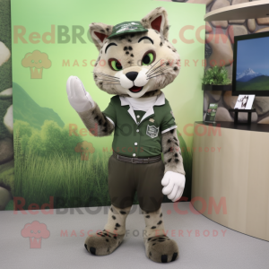 Olive Bobcat mascot costume character dressed with a Midi Dress and Lapel pins