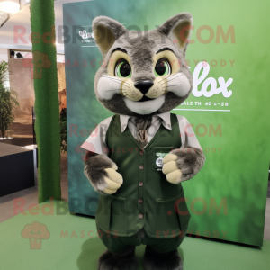 Olive Bobcat mascot costume character dressed with a Midi Dress and Lapel pins