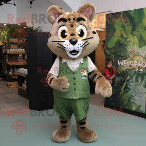 Olive Bobcat mascot costume character dressed with a Midi Dress and Lapel pins