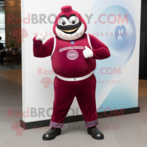 Maroon Contortionist mascot costume character dressed with a Suit Pants and Smartwatches