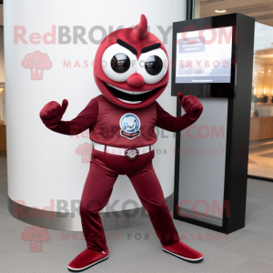 Maroon Contortionist mascot costume character dressed with a Suit Pants and Smartwatches