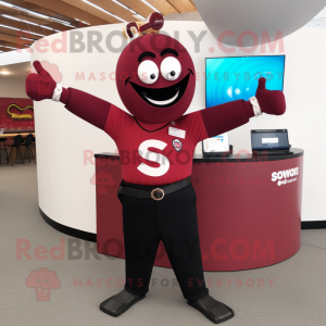 Maroon Contortionist mascot costume character dressed with a Suit Pants and Smartwatches