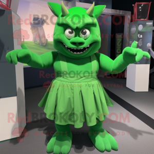 Green Devil mascot costume character dressed with a Pleated Skirt and Suspenders