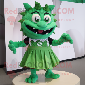 Green Devil mascot costume character dressed with a Pleated Skirt and Suspenders