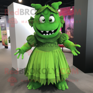 Green Devil mascot costume character dressed with a Pleated Skirt and Suspenders