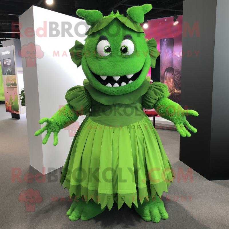 Green Devil mascot costume character dressed with a Pleated Skirt and Suspenders Green Devil mascot costume character dressed with a Pleated Skirt and Suspenders