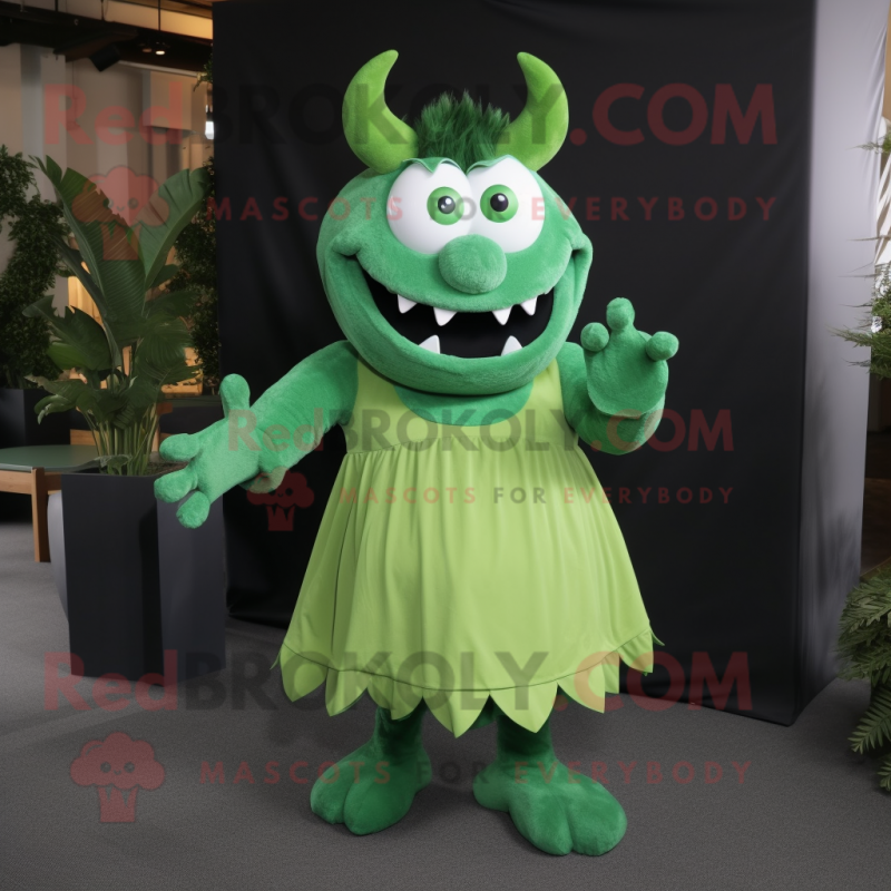 Green Devil mascot costume character dressed with a Pleated Skirt and Suspenders