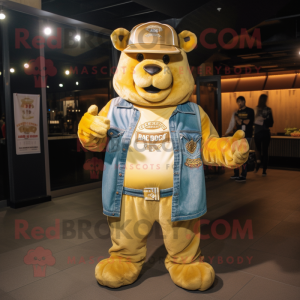 Gold Bbq Ribs mascot costume character dressed with a Boyfriend Jeans and Lapel pins