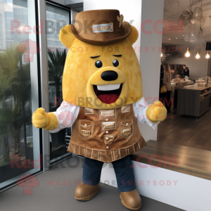 Gold Bbq Ribs mascot costume character dressed with a Boyfriend Jeans and Lapel pins