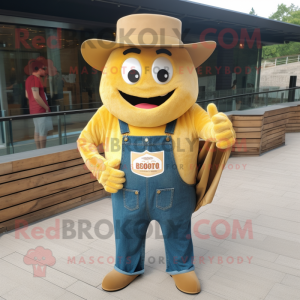 Gold Bbq Ribs mascot costume character dressed with a Boyfriend Jeans and Lapel pins