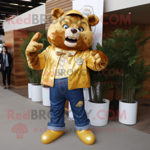 Gold Bbq Ribs mascot costume character dressed with a Boyfriend Jeans and Lapel pins