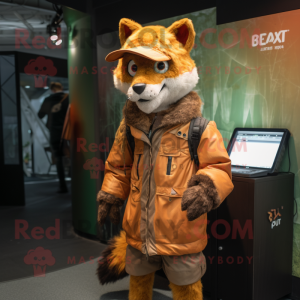 Rust Lynx mascot costume character dressed with a Raincoat and Wallets