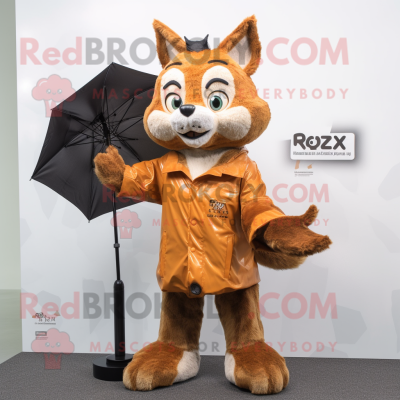 Rust Lynx mascot costume character dressed with a Raincoat and Wallets