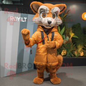 Rust Lynx mascot costume character dressed with a Raincoat and Wallets