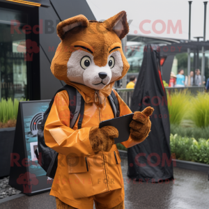 Rust Lynx mascot costume character dressed with a Raincoat and Wallets