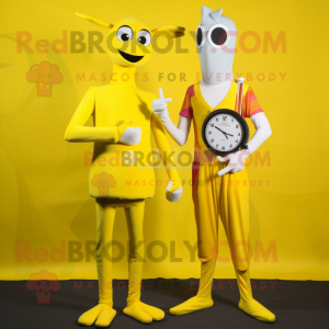 Yellow Stilt Walker mascot costume character dressed with a Sheath Dress and Digital watches