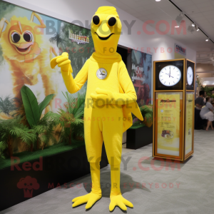 Yellow Stilt Walker mascot costume character dressed with a Sheath Dress and Digital watches