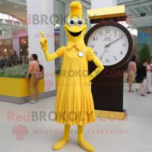 Yellow Stilt Walker mascot costume character dressed with a Sheath Dress and Digital watches