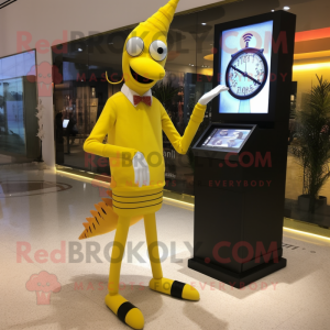 Yellow Stilt Walker mascot costume character dressed with a Sheath Dress and Digital watches