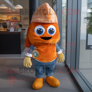 Orange Fish Tacos mascot costume character dressed with a Bootcut Jeans and Mittens