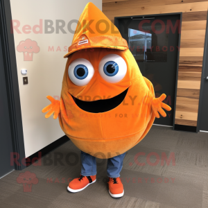 Orange Fish Tacos mascot costume character dressed with a Bootcut Jeans and Mittens