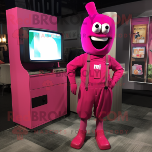 Magenta Television mascot costume character dressed with a Romper and Ties