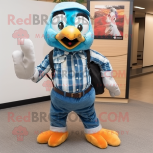 Cyan Pheasant mascot costume character dressed with a Flannel Shirt and Suspenders