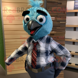 Cyan Pheasant mascot costume character dressed with a Flannel Shirt and Suspenders