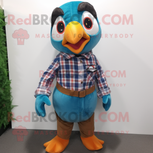 Cyan Pheasant mascot costume character dressed with a Flannel Shirt and Suspenders