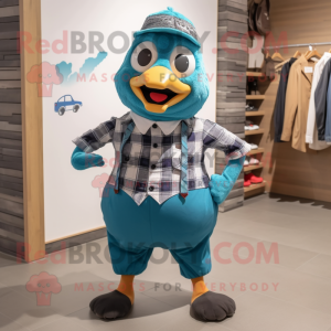 Cyan Pheasant mascot costume character dressed with a Flannel Shirt and Suspenders