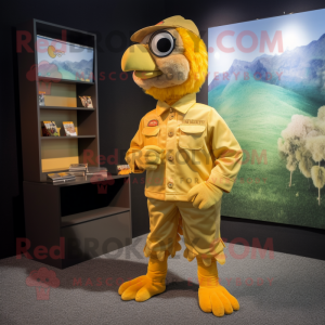 Gold Butter Chicken mascot costume character dressed with a Cargo Shorts and Tie pins