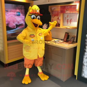 Gold Butter Chicken mascot costume character dressed with a Cargo Shorts and Tie pins